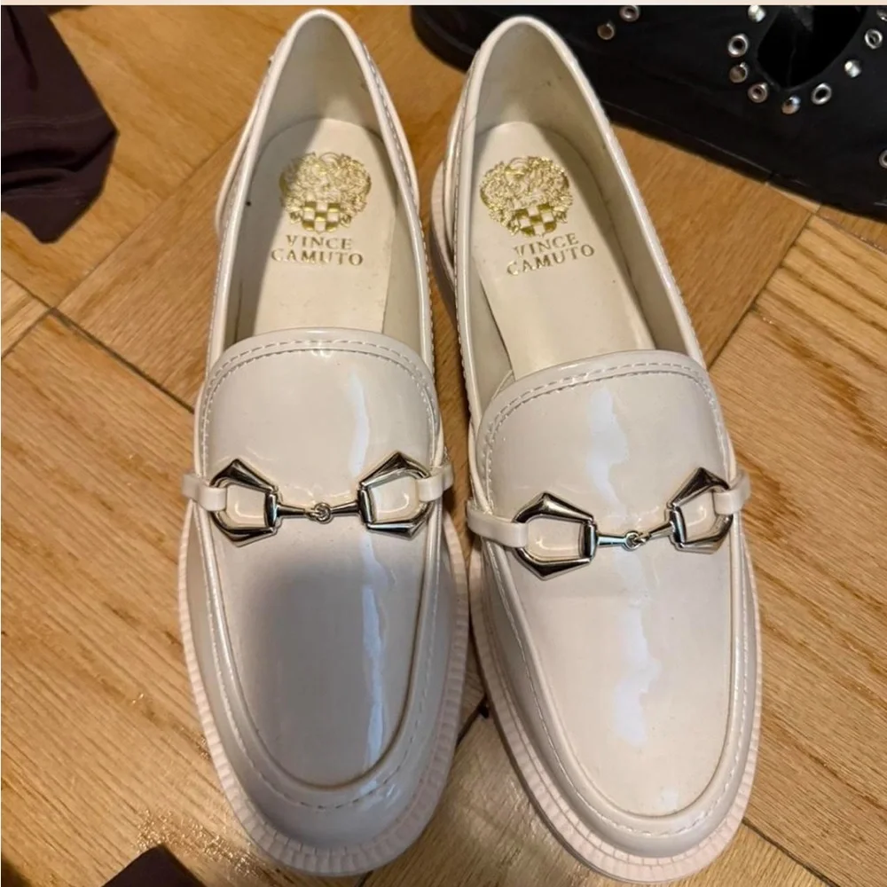Vince Camuto Cream Patent Leather Horsebit Loafers